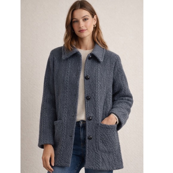 Boyne Valley Weavers Jackets & Blazers - Boyne Valley Weavers Handcrafted Wool Cable Knit Coat Women's Small Ireland Grey